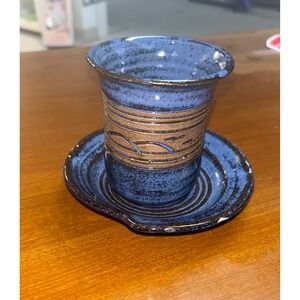 Groundhog Studio Pottery Blue Mountain Tea Cup and Saucer Set Handmade Signed